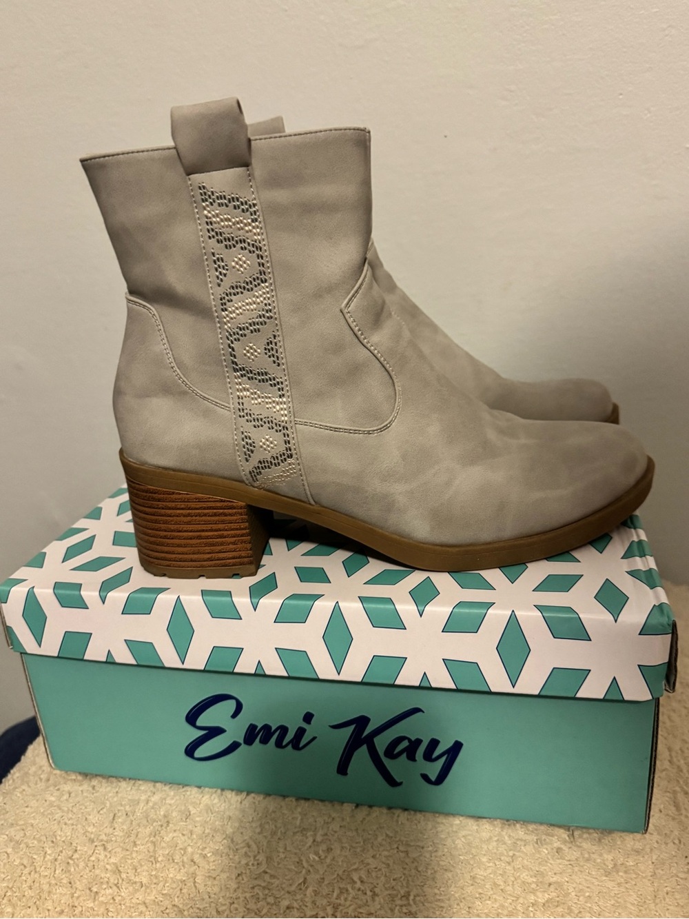 Light Gray Faux Suede Ankle Boot with Stacked Heel
